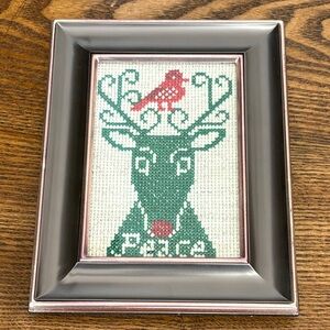 Framed Holiday Reindeer Cross-Stitch Art